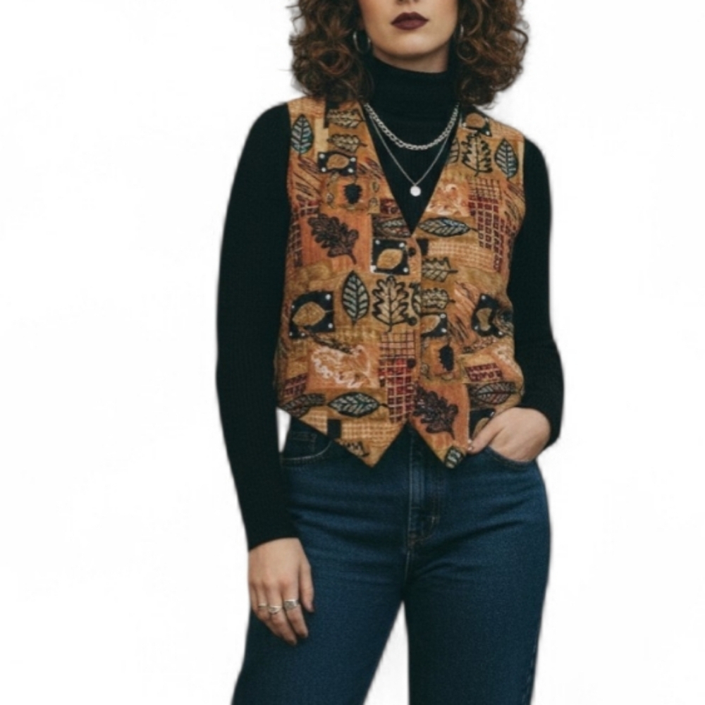 Vintage 90s Boho Leaf Print Sequined Vest | Earthy Autumn Core